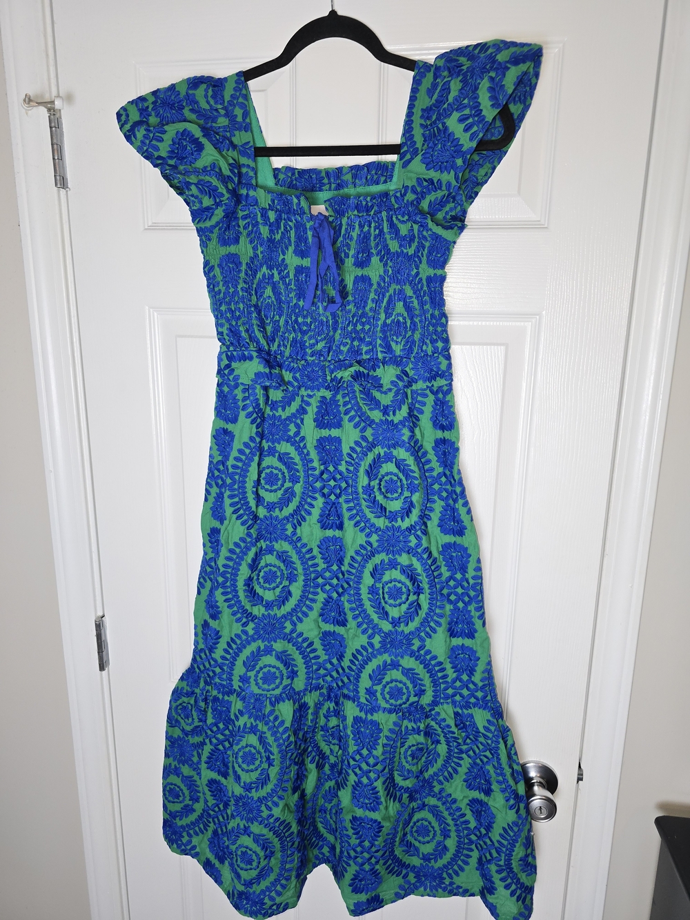 Adelyn Rae Green Cotton Dress with Blue Floral  Embroidery Size XS